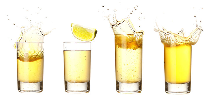  set of glasses shot of tequila making toast isolated on white background PNG ,ai generated