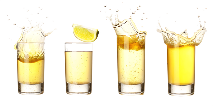  set of glasses shot of tequila making toast isolated on white background PNG ,ai generated