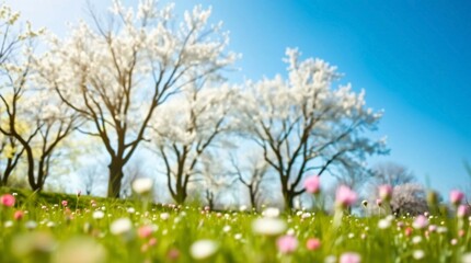 Naklejka premium Beautiful blurred spring background nature with blooming glade, trees and blue sky on a sunny day