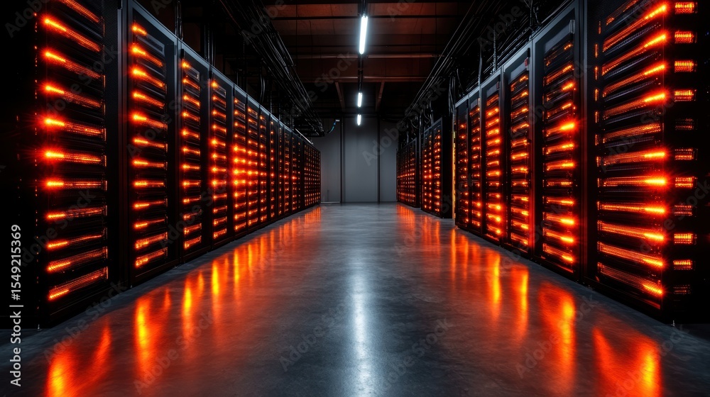 Poster a spacious server room illuminated by a striking array of red lights, showcasing modern technology a