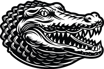 Black and white shows an alligator head with its mouth open menacingly