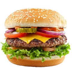 Delicious cheeseburger with lettuce, tomato, onion, pickles, and sesame seed bun isolated on transparent background