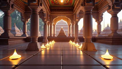 Obraz premium Ancient indian temple corridor with glowing candles and ornate architectural details