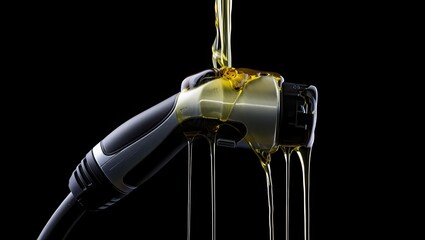 Electric Vehicle Charging Plug Dripping Golden Liquid Symbolizing Fuel Contrast