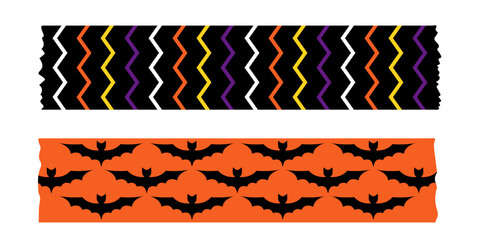 Halloween masking tape set in festive purple orange and black colors. Cute washi tape borders with spiders bats and pumpkins. Vector elements for wrapping crafts scrapbooking and decorations.