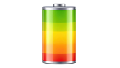 A cylindrical battery icon with a color gradient from green at the top to red at the bottom, indicating varying charge levels.