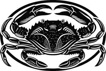 A monochrome crab illustration features bold stripes, intricate detailing, and is set within a circle