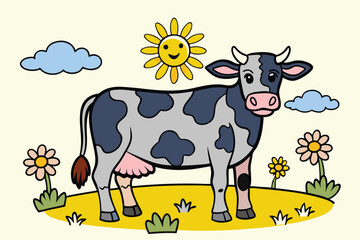 Cartoon spotted cow stands happily amidst flowers, sunshine, and fluffy clouds in simple art