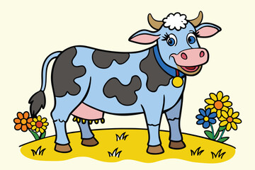 Cheerful cartoon cow with blue spots smiles among yellow and blue flowers