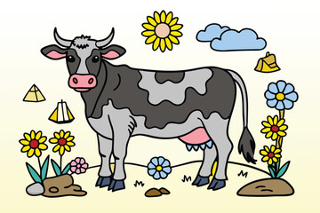 Cartoon Holstein cow stands surrounded by flowers, milk pail, and gentle blue clouds