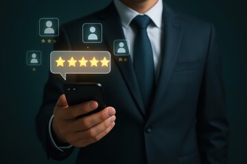 Businessman reviews product on a smartphone.