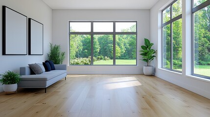 Obraz premium Bright living room with large windows modern home interior design