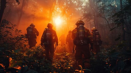 Fototapeta premium A dramatic scene of firefighters navigating through a smoke-filled forest, symbolizing bravery and resilience in the face of natural disasters and teamwork in tough conditions.