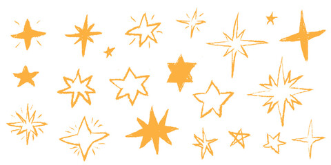 Pastel hand drawn stars with crayon and chalk texture. Cute sketch icon pattern with pencil lines and marker strokes. Vector twinkle sparkle elements like magic fireworks or comet shapes.