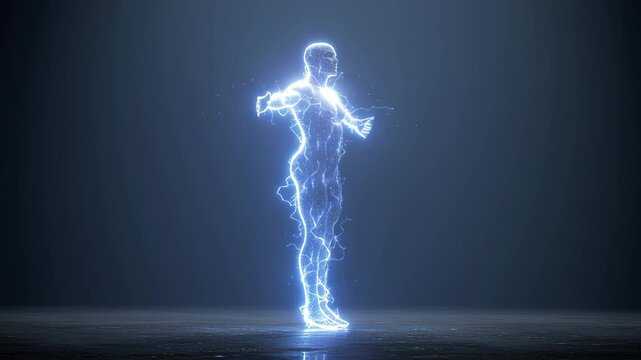 Human body made of energy rotating slowly against dark background, showing nervous system and muscles, perfect for medical and wellness projects