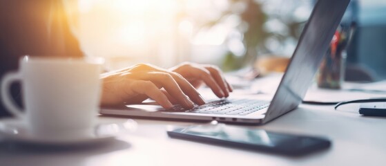 The hands typing on a laptop in a stylish morning workspace