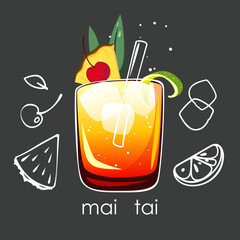Mai Tai cocktail on a dark background. Classic alcoholic cocktail based on rum, liqueur, lime, decorated with pineapple, lime zest, cherry. Vector illustration.
