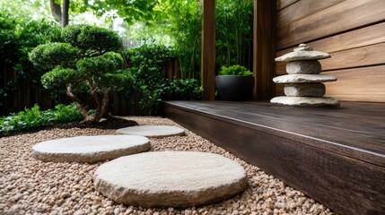 A tranquil Zen garden featuring carefully placed stones, a bonsai tree, and lush greenery, creating a serene atmosphere for meditation and relaxation amidst nature.