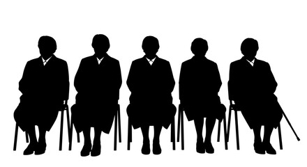 Silhouettes of elderly women sitting in chairs at a concert against a white background
