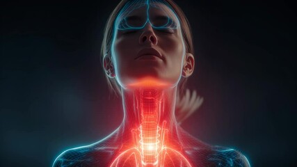Woman's throat anatomy revealing intricate muscle and bone structures through detailed medical visualization highlighting internal physiological systems and anatomical relationships - Powered by Adobe
