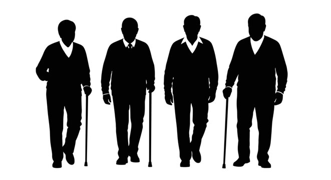 Silhouettes of four elderly men walking with canes against a white background