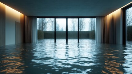 A serene yet haunting image of a flooded interior space, evoking feelings of tranquility and stillness while simultaneously raising awareness of environmental issues such as flooding.