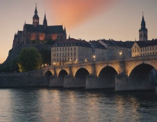 Fototapeta premium Evening view of historical bridge over river