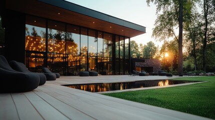 A stunning modern home featuring a sleek glass facade, a serene pool, and lush surroundings, bathed in the warm glow of a breathtaking sunset, perfect for relaxation and luxury living.