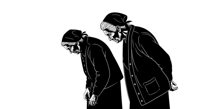 Silhouettes of two elderly women bending forward with a weary expression against a white background