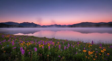 Fototapeta premium A tranquil lakeside scene at dawn with mist rising from the water, vibrant wildflowers in the foreground, and mountains in the distance.