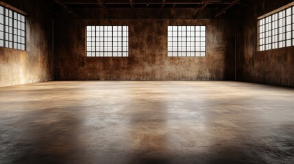 An expansive industrial warehouse featuring concrete walls, wooden beams, and large windows, creating a warm and inviting atmosphere for various events and activities.