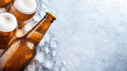 An inviting scene of chilled beer bottles with condensation on the surface, sitting in a bucket of ice, perfect for gatherings and celebrations with friends and family.