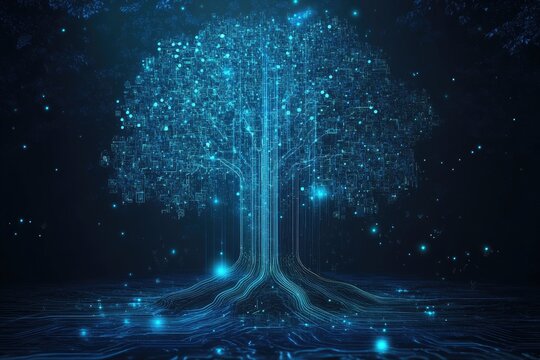 Digital tree glowing in dark space