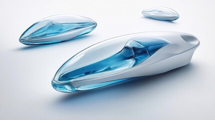 Three futuristic, translucent, teardrop-shaped pods hover in a white studio setting