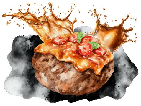 minimalistic illustration of a deconstructed loco moco with subtle colors, showing fluffy white rice, a hamburger patty, rich gravy, and a perfectly fried egg Hawaiian Cuisine and Comfort Food 