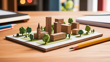 A sleek office desk with a notebook and pencil sits within a modern room, perfect for focused work or a casual coffee break