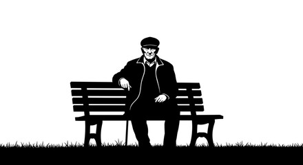 Elderly man sitting alone on a bench in the park on a white background
