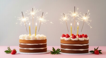 Two birthday cakes with sparklers and strawberries on a pink surface.