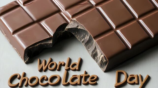 Smooth chocolate bar split in half on neutral backdrop, sharp detail and bold "World Chocolate Day" lettering