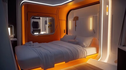 Futuristic, orange and white, capsule-style bedroom