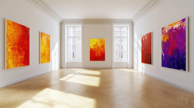Gallery interior with abstract art. Sunlight streams into a spacious, white room with large windows and colorful abstract paintings on the walls