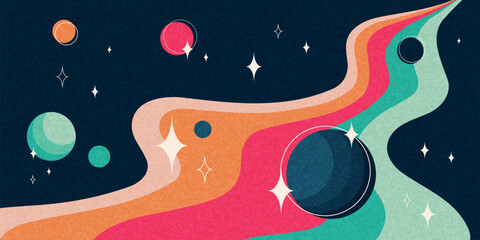 Retro space banner, abstract flat striped path with planets, stars and grainy texture. Abstract cosmos futuristic wallpaper with bright colors. Vector illustration. © Diana Berber