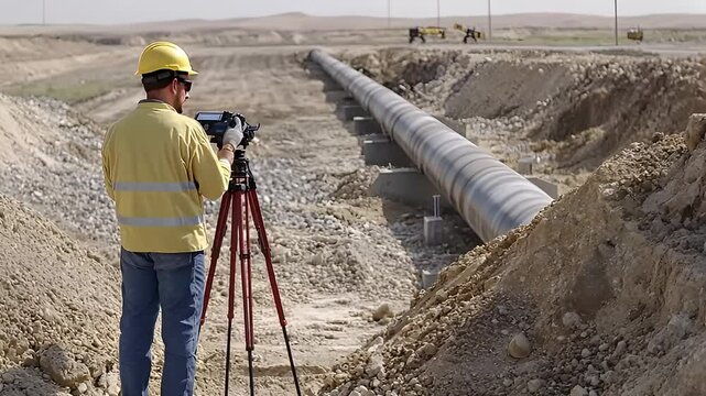 Construction Worker Surveys Pipeline Using Equipment In Desert Environment