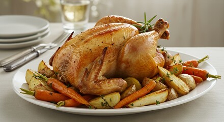 Golden-brown roasted chicken, glistening with savory juices, sits majestically on a platter surrounded by perfectly roasted root vegetables, a picture of culinary perfection.