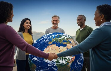 Diverse people of all ages, races, and genders standing united around planet Earth to celebrate World Population Day, symbolizing global connection and human diversity