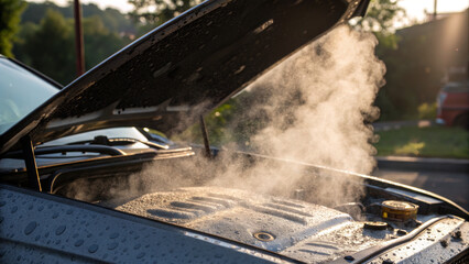 Car engine steam overheating outdoor sunlight summer breakdown emergency heat stroke trouble. Heat stroke concepts