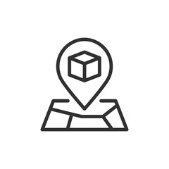 Package on map pointer, linear icon. Parcel tracking and delivery status. Line with editable stroke.