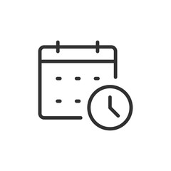 Calendar and clock, linear icon. Scheduling, deadlines, and time planning. Line with editable stroke.