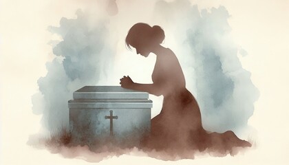 Woman praying at casket funeral grief sorrow death memorial service sad loss