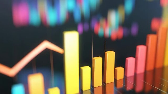 Colorful abstract data visualization with vibrant bars and line graph representing trends and analysis
